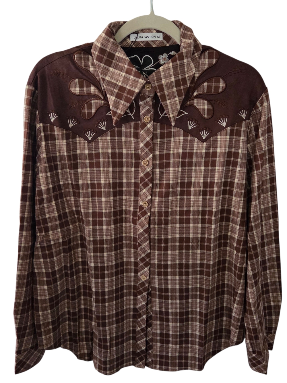 Embroidered Western Plaid Shirt in Brown & Cream